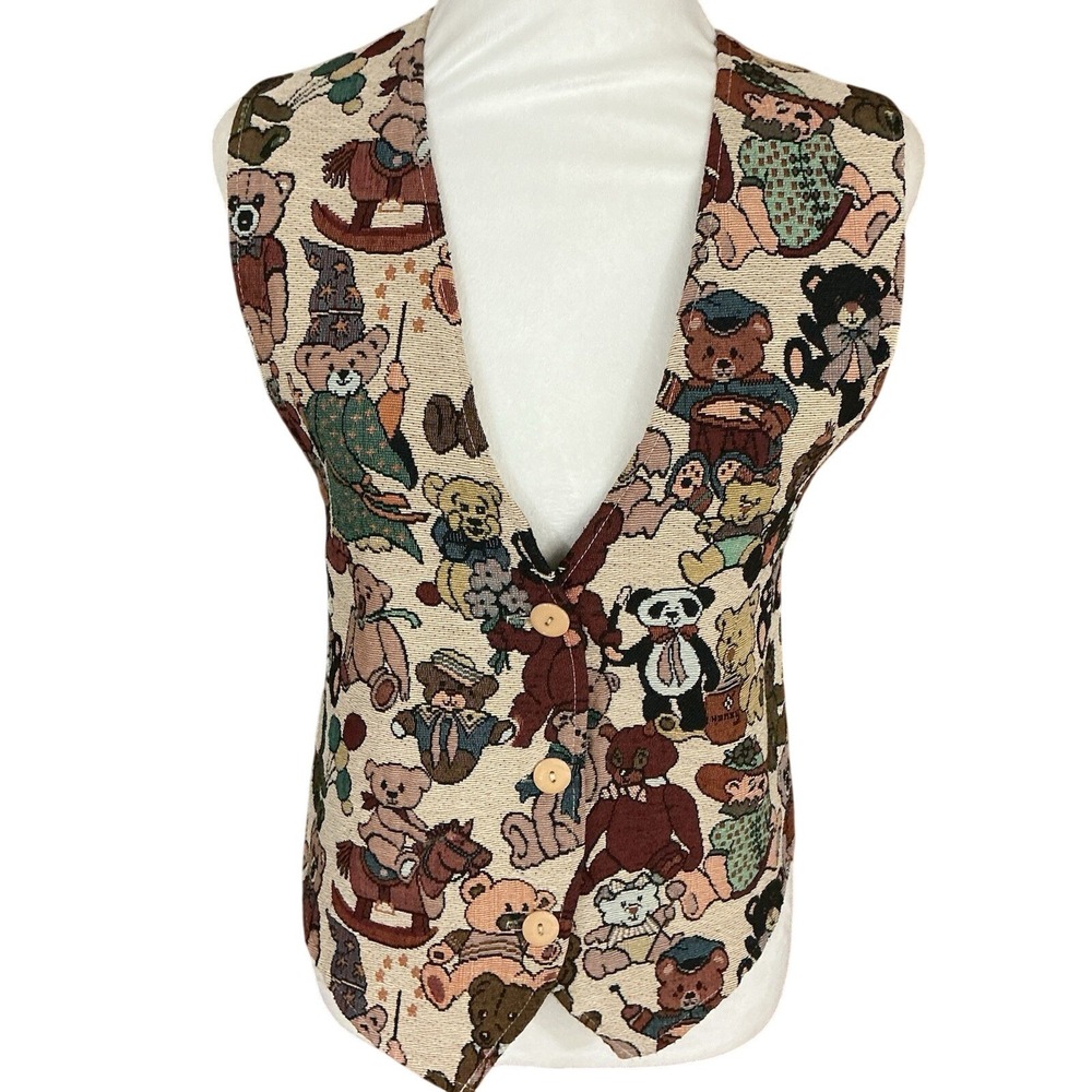 Vintage 90s Tapestry Vest Size Medium 8/10 Teddy Bears Kitschy Grandmacore